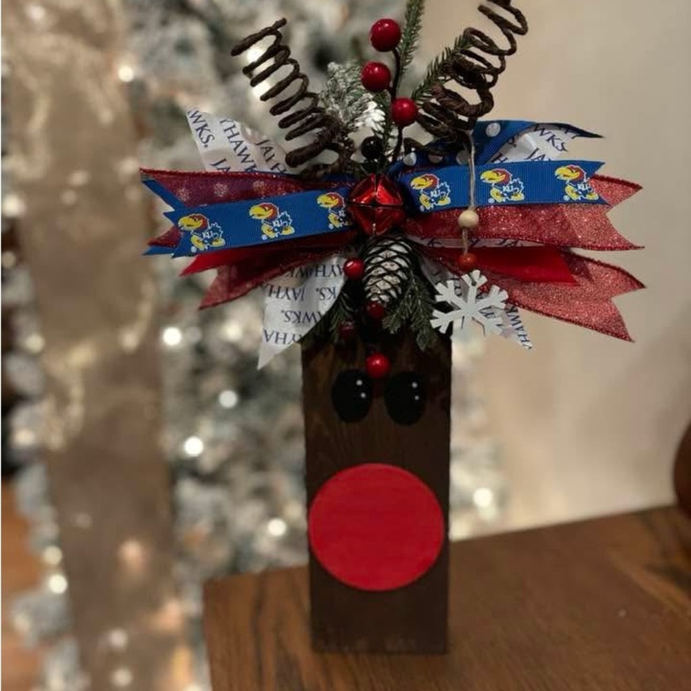 Handcrafted hand painted reindeer Jayhawk